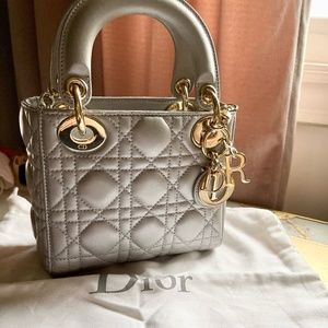 Lady Dior mini Grey shimmer Lambskin bag light gold hardware